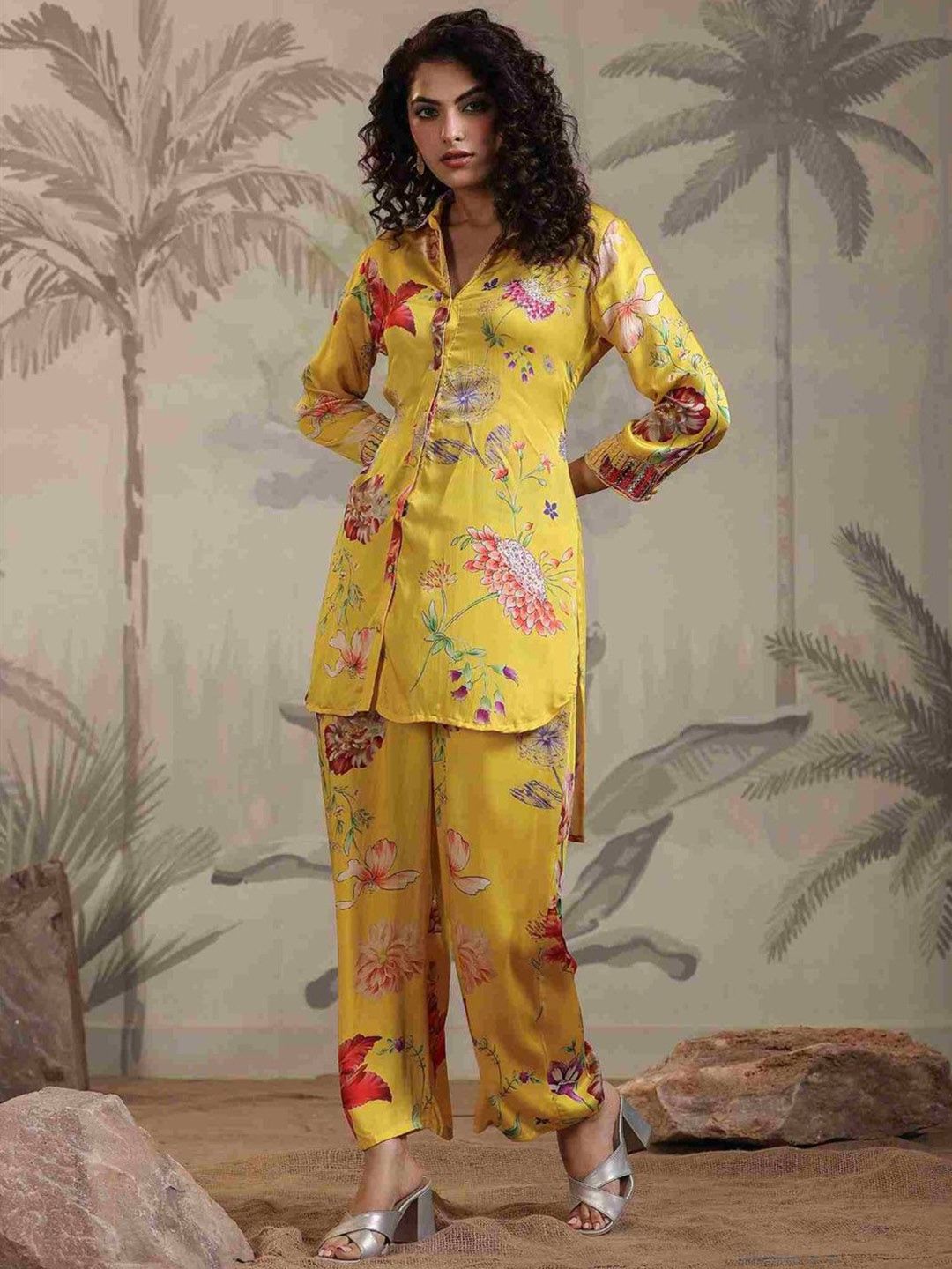 Aralia Floral Printed Satin Shirt Collar Tunic with Trousers Co-Ords-picture-17