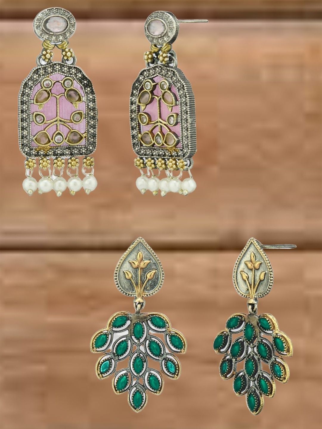 ATIBELLE Set Of 2 German Silver Plated Artificial Stone Studded & Beaded Drop Earrings