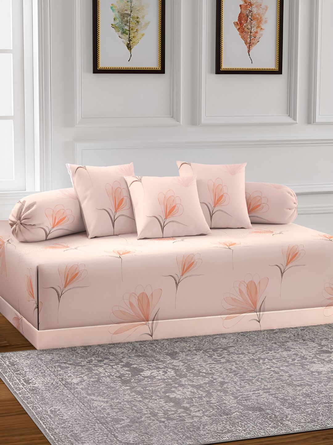 Arrabi 6Pcs Peach-Colored & Grey Floral Printed Skin-Friendly Superfine Quality Diwan Set-image-13