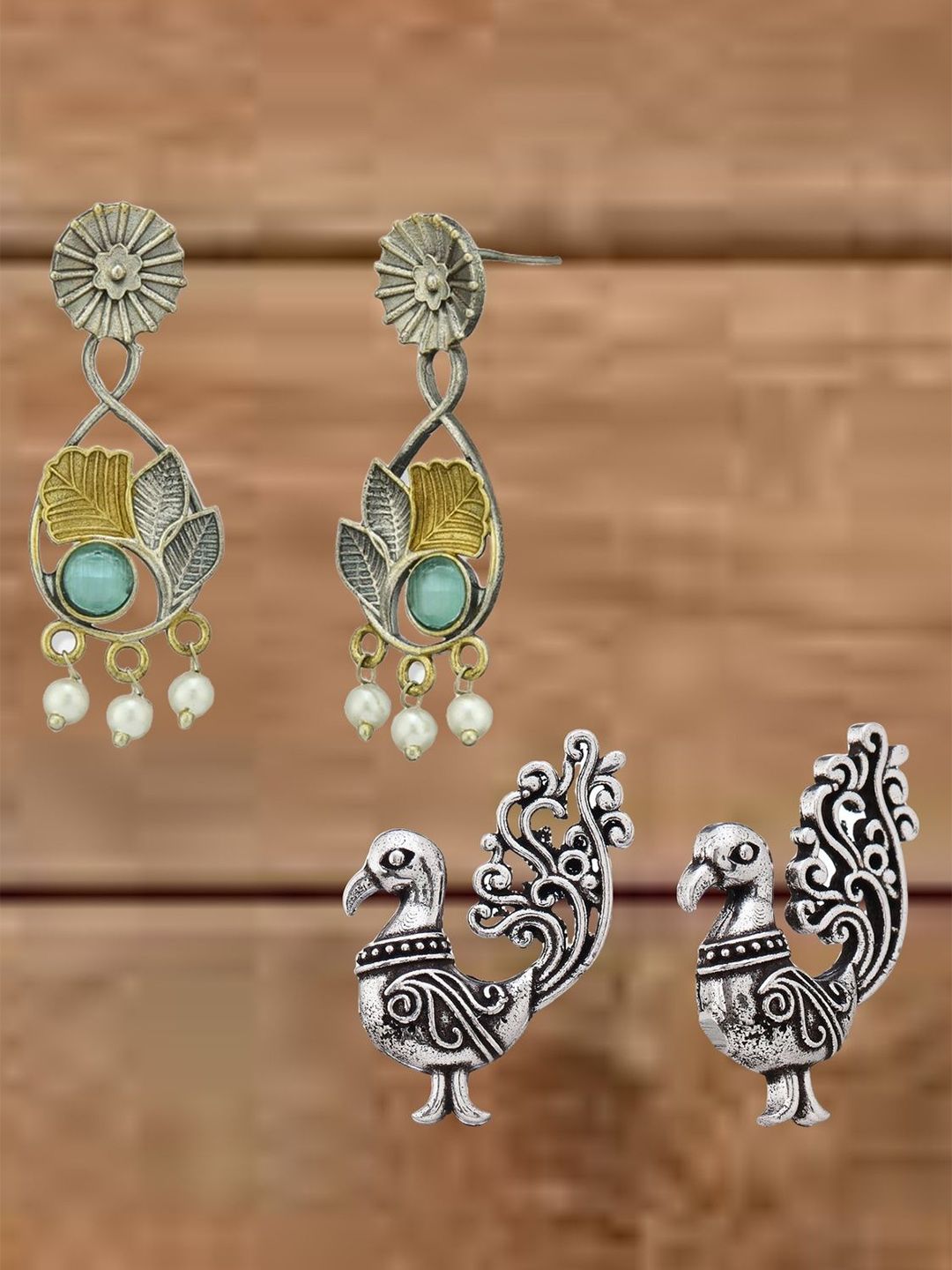 ATIBELLE Set Of 2 German Silver Plated Artificial Stone Studded & Beaded Drop Earrings