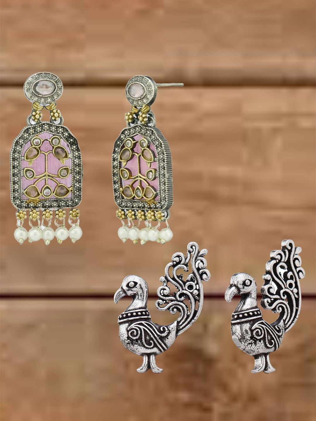 ATIBELLE Set Of 2 German Silver Plated Peacock Shaped Oxidised Drop Earrings