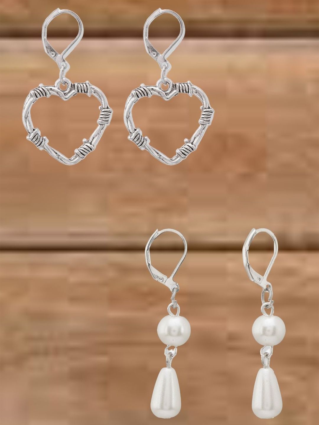 ATIBELLE Set Of 2 German Silver Plated Heart Shaped Drop Earrings