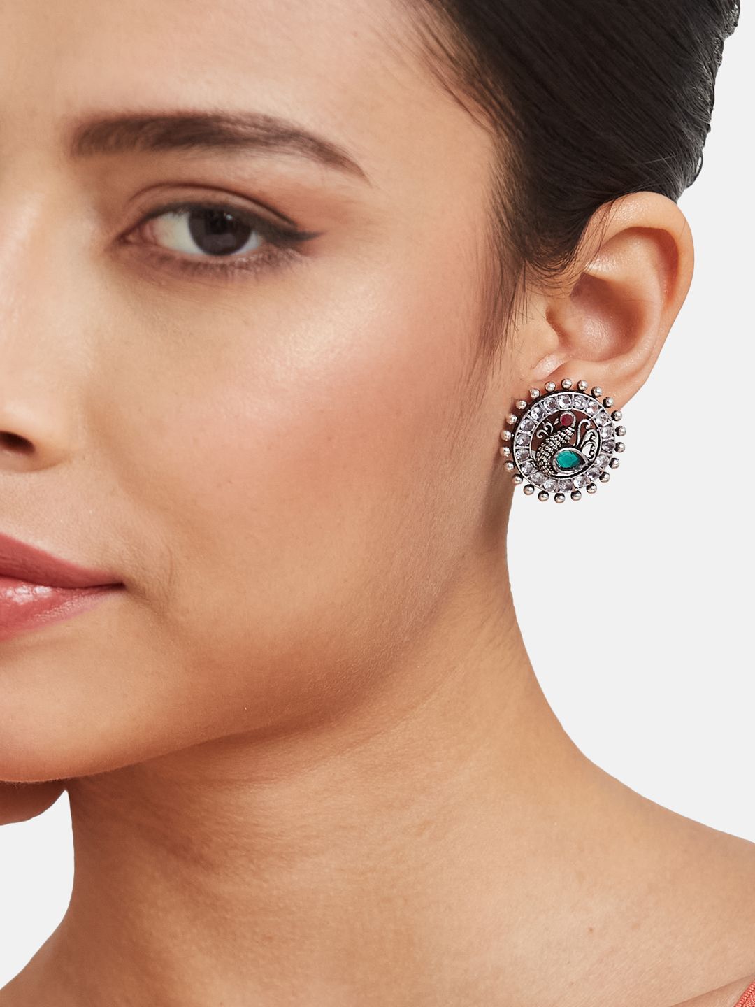 ATIBELLE Set Of 3 Silver-Plated Artificial Stones Studded and Beads Beaded Drop Earrings