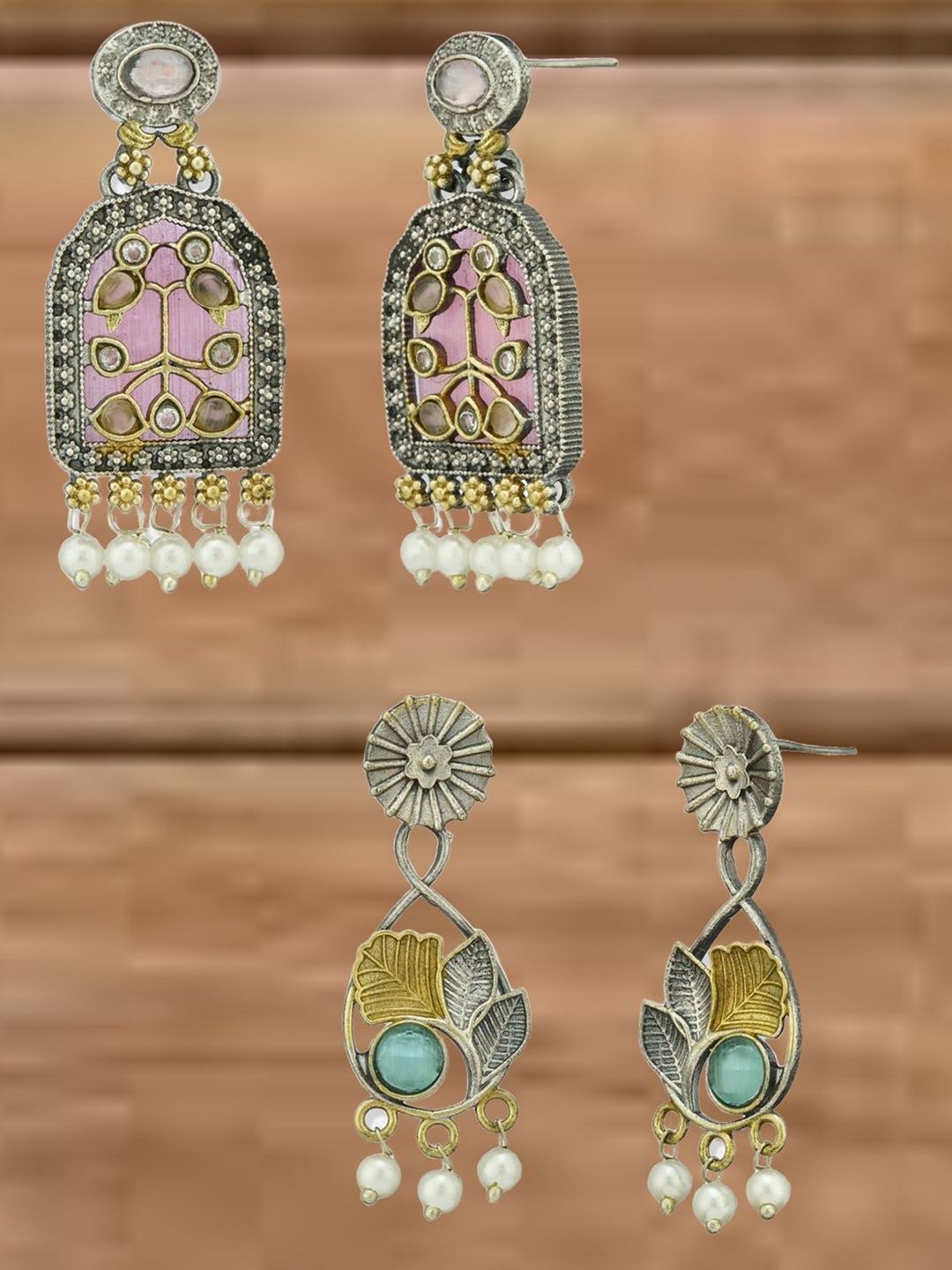 ATIBELLE Set Of 2 German Silver Plated Artificial Stones Studded & Beaded Drop Earrings
