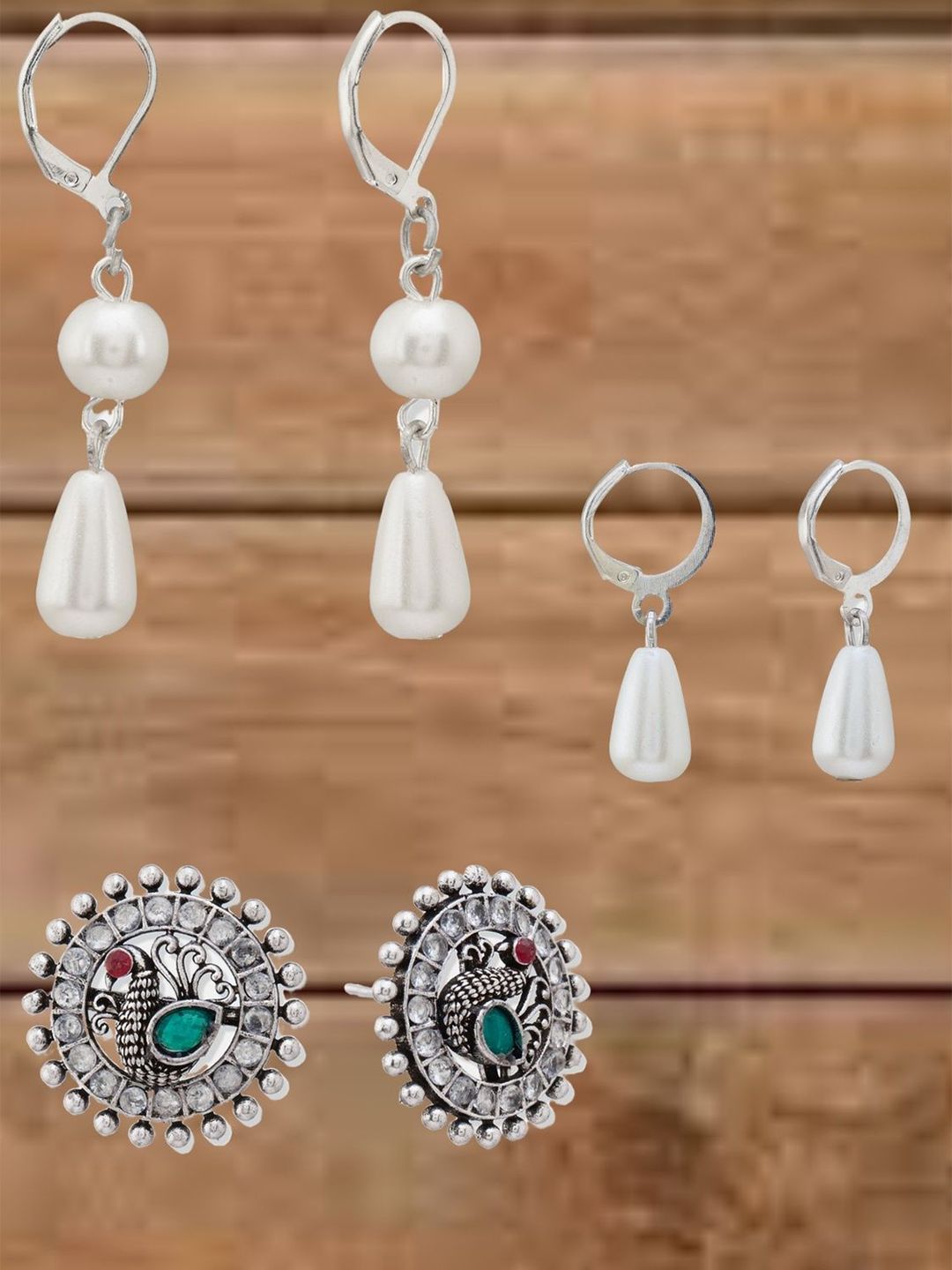 ATIBELLE Set Of 3 Silver-Plated Artificial Stones Studded and Beads Beaded Drop Earrings
