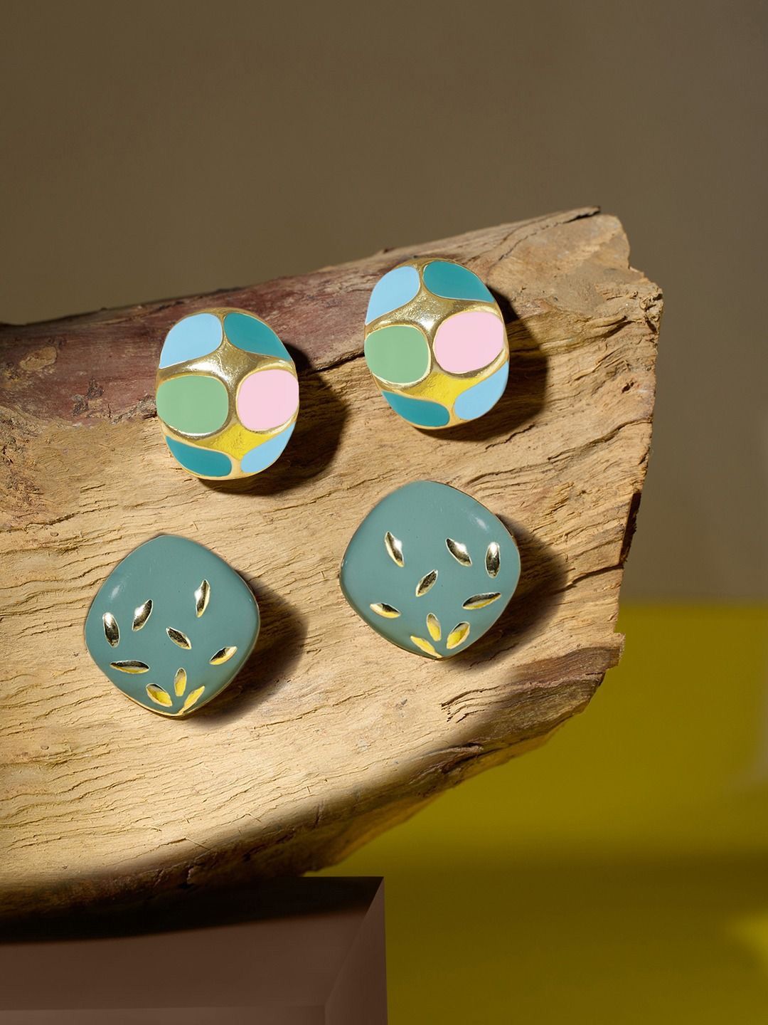 Zaveri Pearls Set Of 2 Gold-Plated Enamelled Contemporary Studs-picture-25