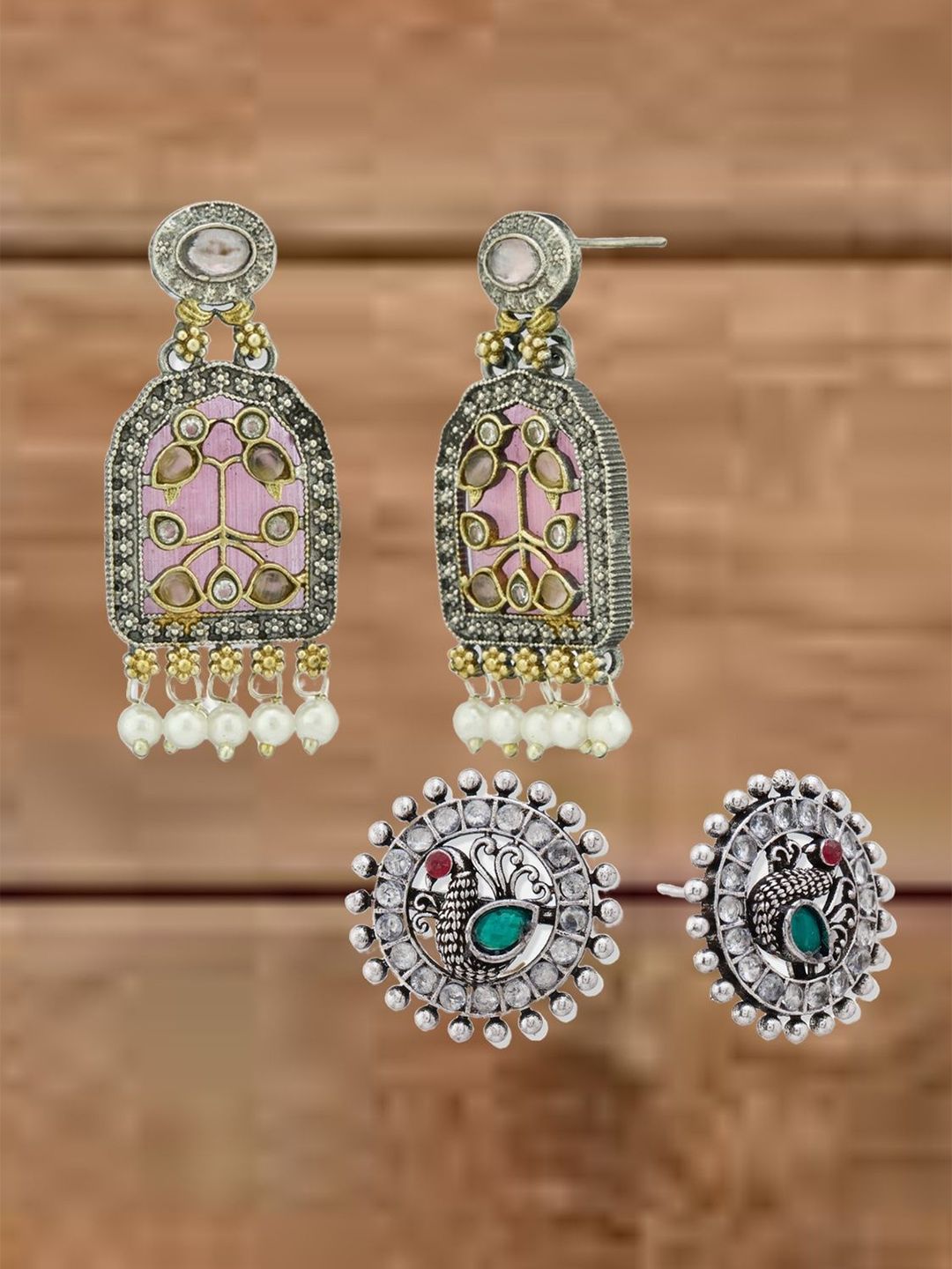 ATIBELLE Set Of 2 German Silver Plated Artificial Stones Studded & Beaded Drop Earrings