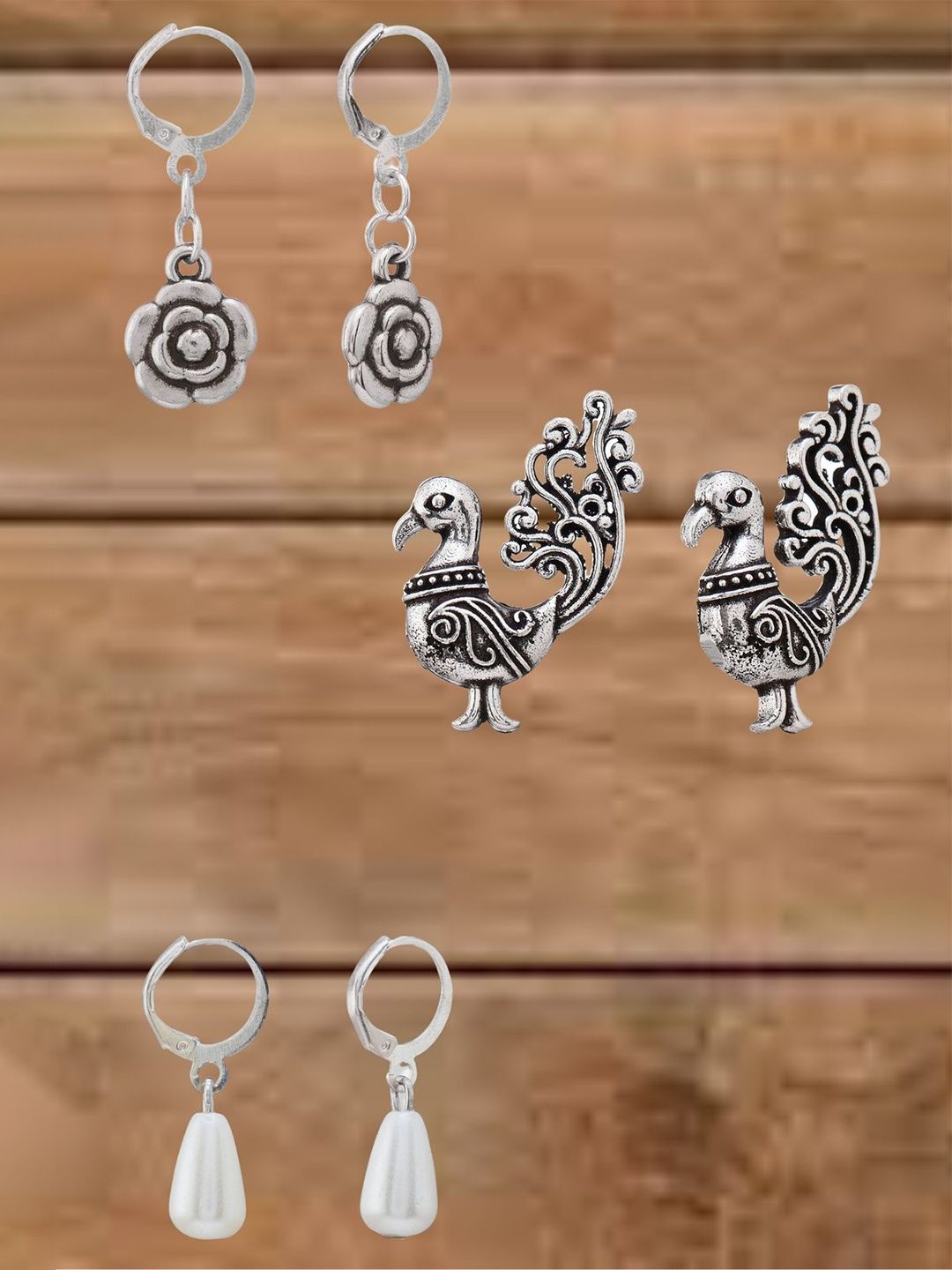 ATIBELLE Set Of 3 Silver-Plated Artificial Stones Studded & Beads Beaded Drop Earrings