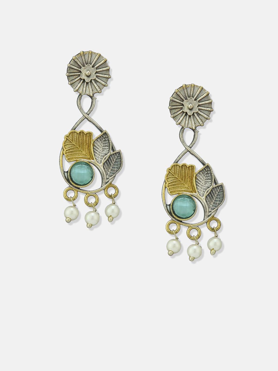 ATIBELLE Set Of 2 German Silver Plated Artificial Stones Studded & Beaded Drop Earrings
