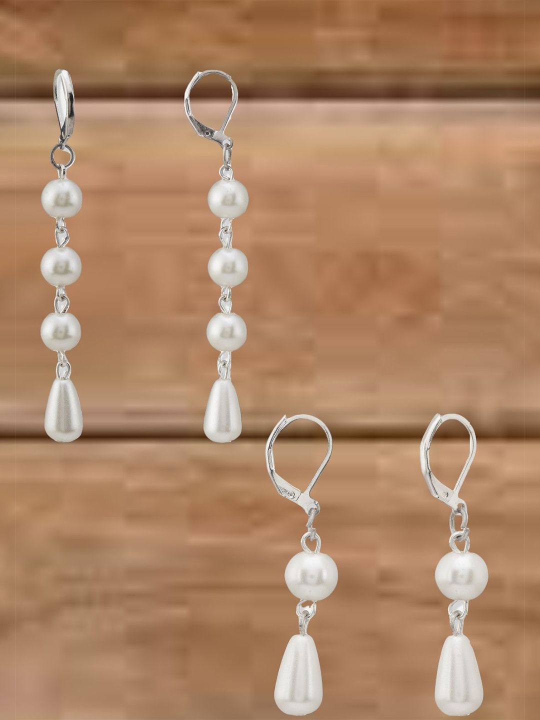 ATIBELLE Set Of 2 Silvers-Plated Artificial Beads Beaded Contemporary Drop Earrings