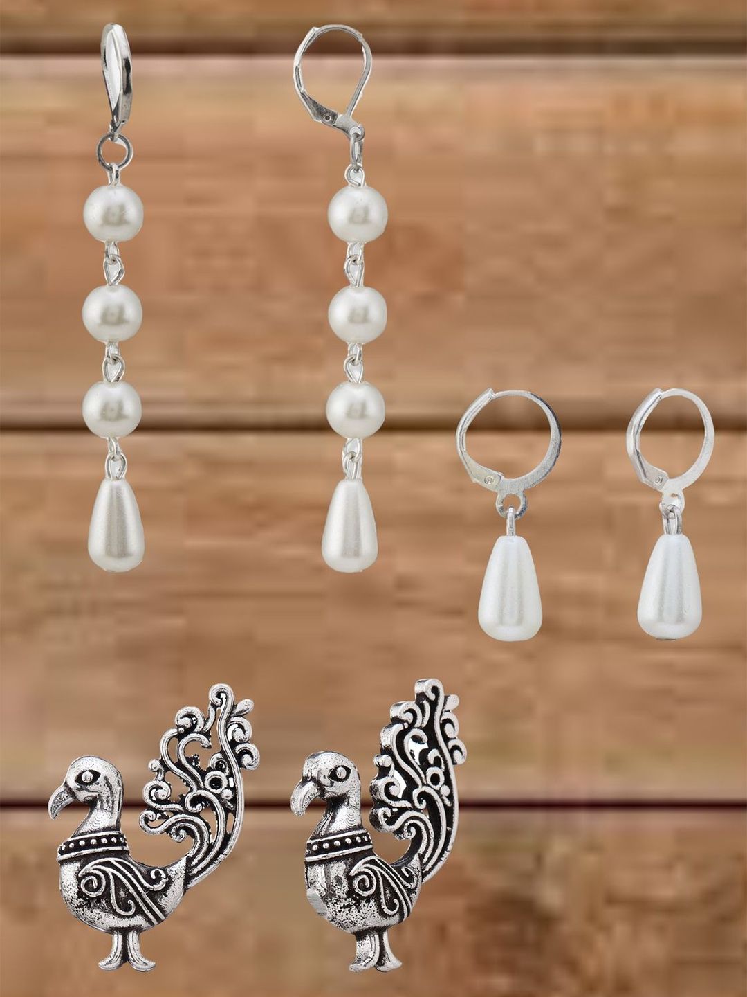 ATIBELLE Set Of 3 Silver-Plated Artificial Stones Studded & Beads Beaded Drop Earrings