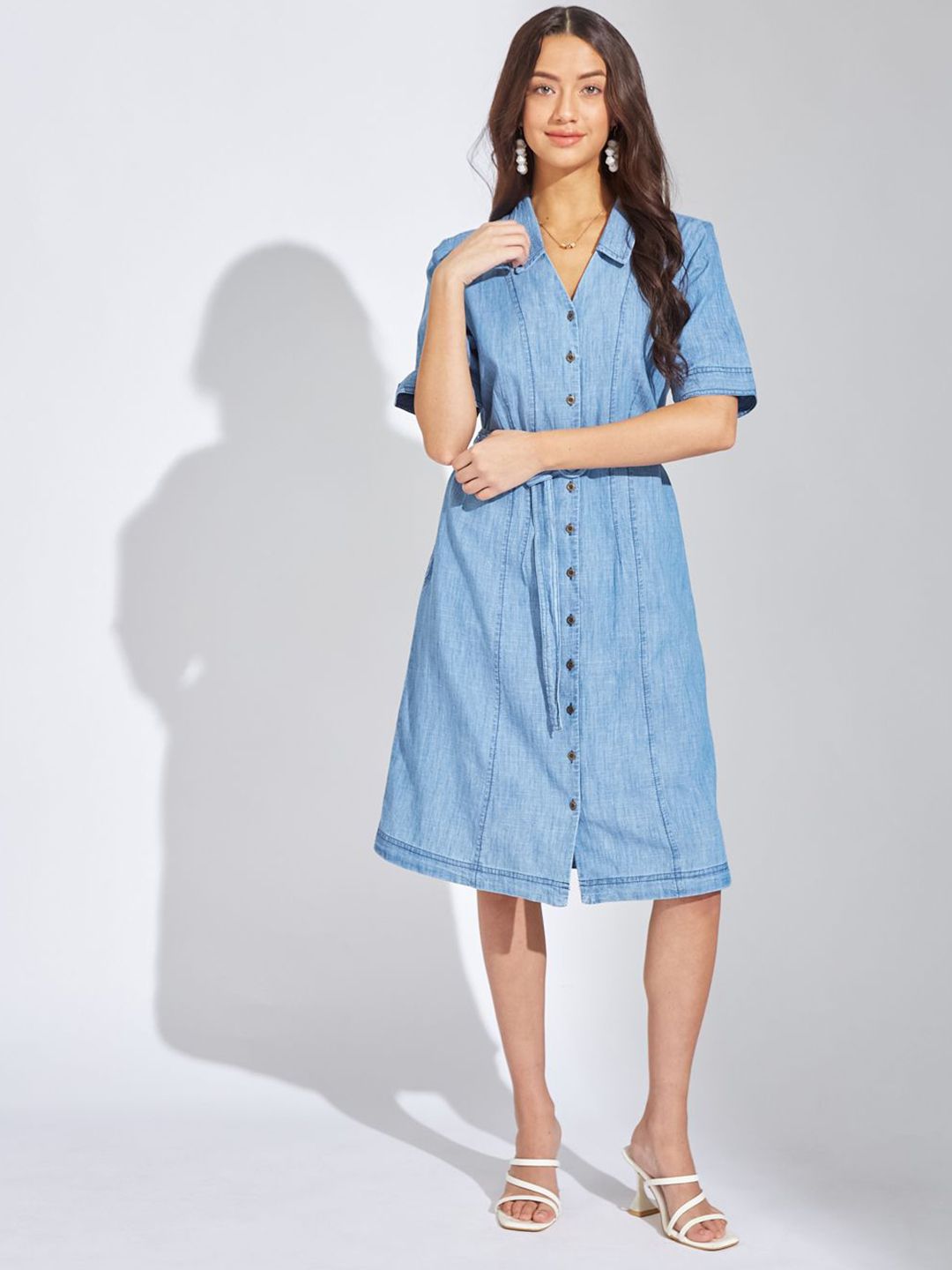 Latin Quarters Women Solid Belted Cotton A-Line Midi Dress-picture-11