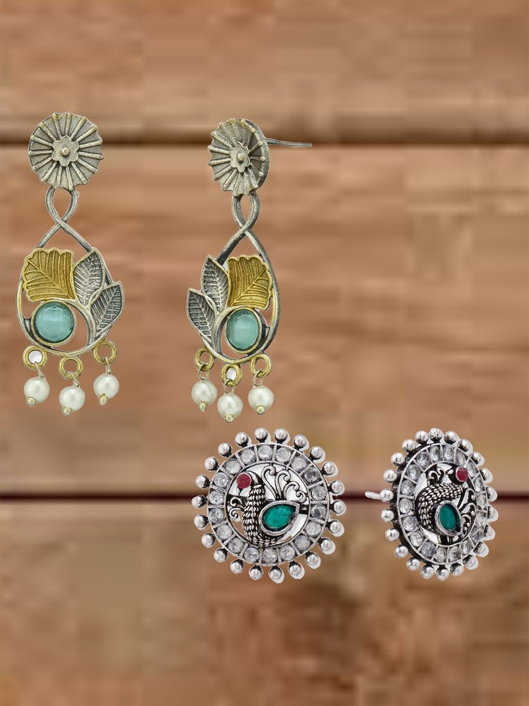 ATIBELLE Set Of 2 German Silver Plated Artificial Stones Studded And Beaded Drop Earrings