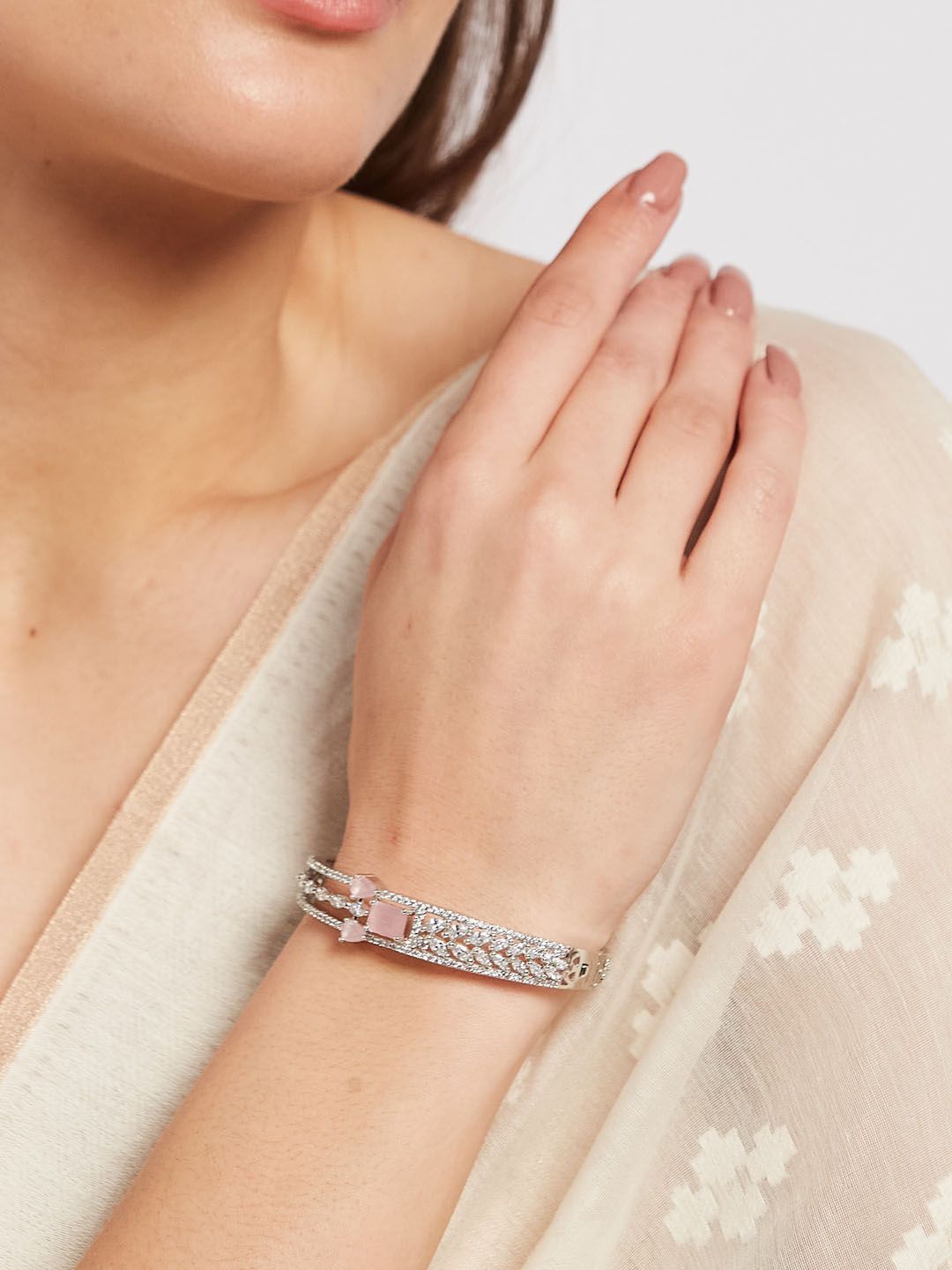 ATIBELLE Women 2 Brass Cubic Zirconia Silver-Plated Bangle-Style Bracelet