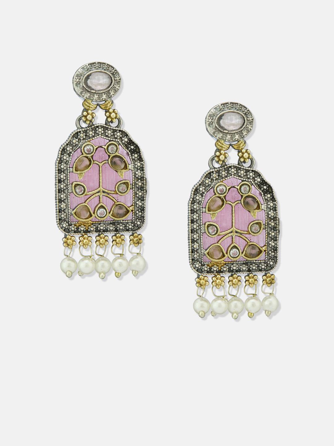 ATIBELLE Set Of 2 German Silver Plated Artificial Stone Studded & Beaded Drop Earrings