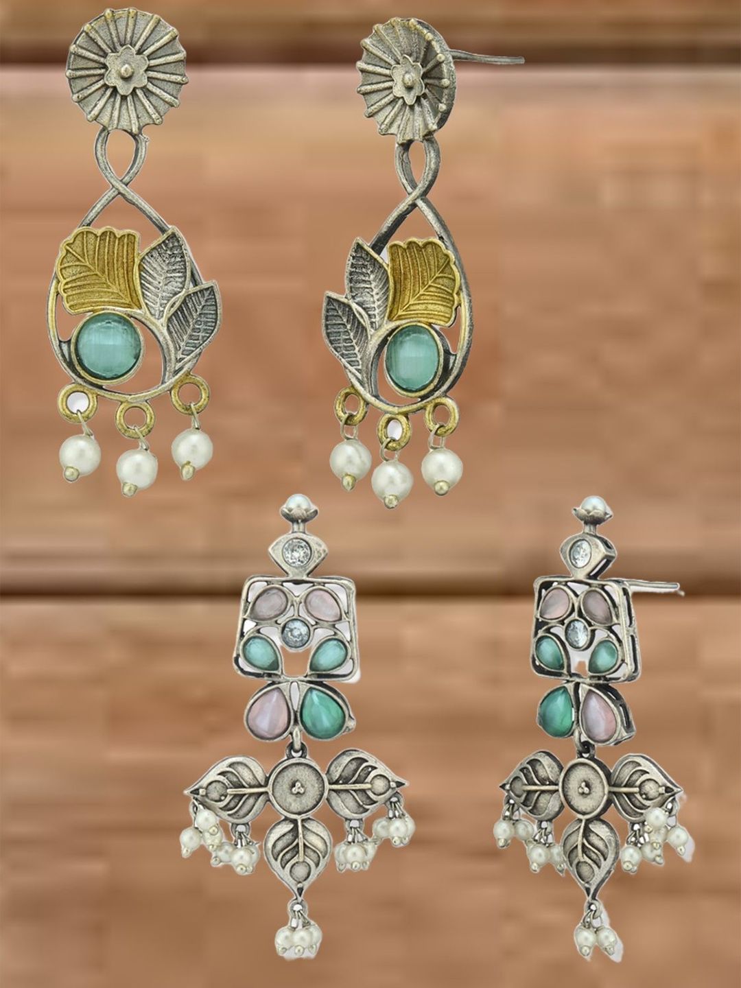ATIBELLE Set Of 2 German Silver Plated Artificial Stones Studded & Beaded Drop Earrings