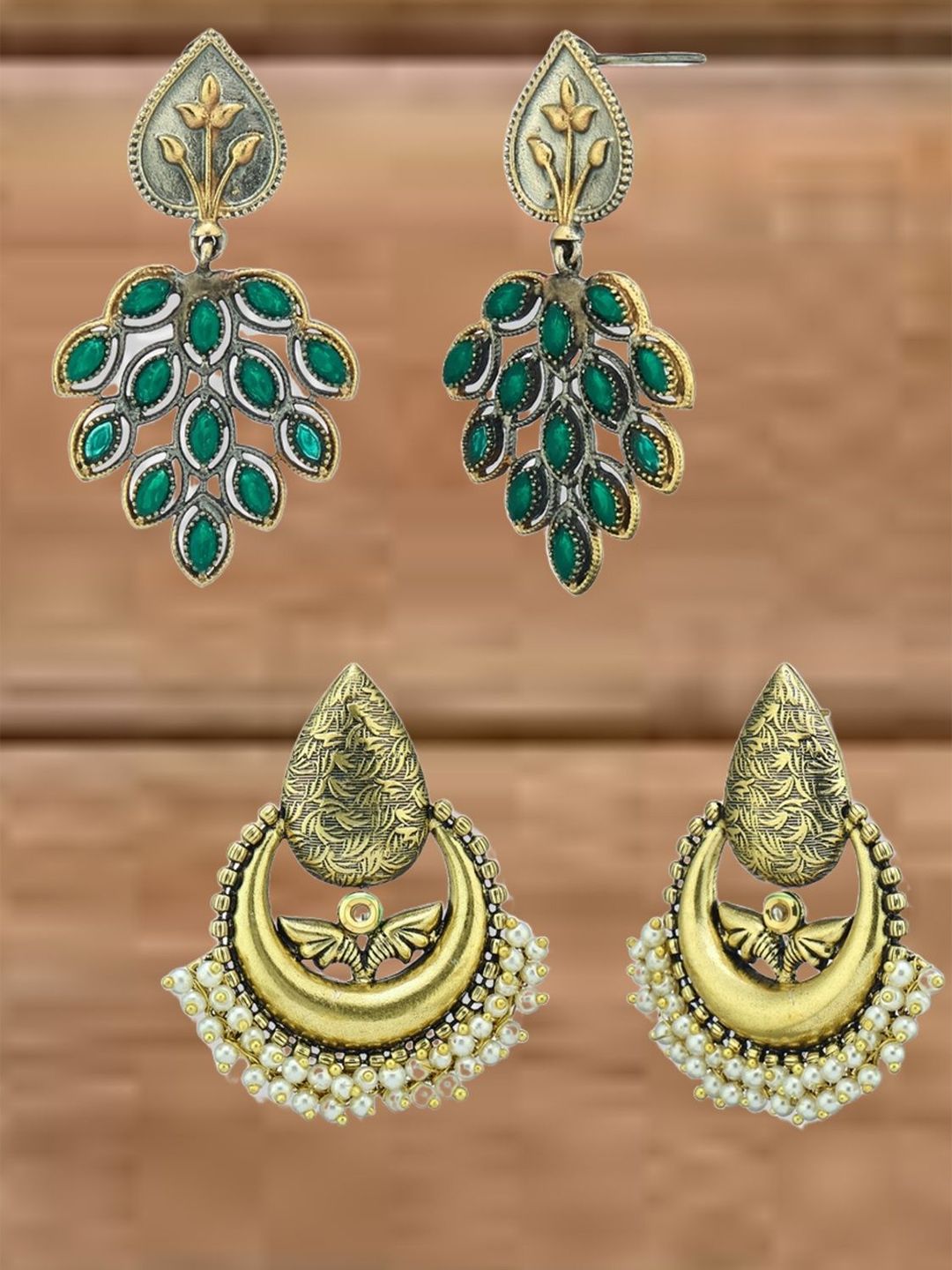 ATIBELLE Set Of 2 Gold-Plated Artificial Beads Beaded Contemporary Drop Earrings