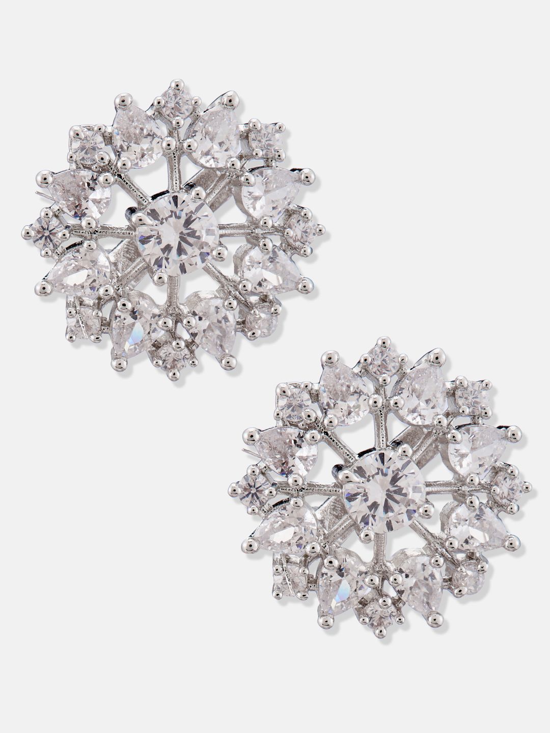 ATIBELLE Set Of  2 Silver Plated Cubic Zirconia Studded Geometric Shape Studs