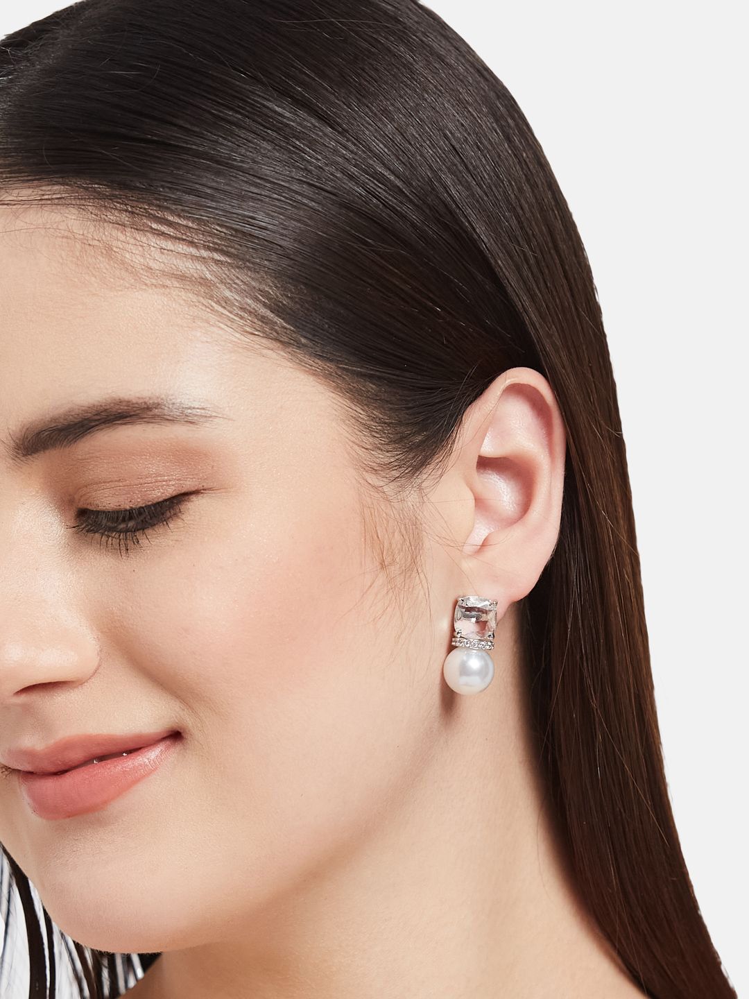 ATIBELLE Silver-Plated Cubic Zirconia Stones Studded Contemporary Studs