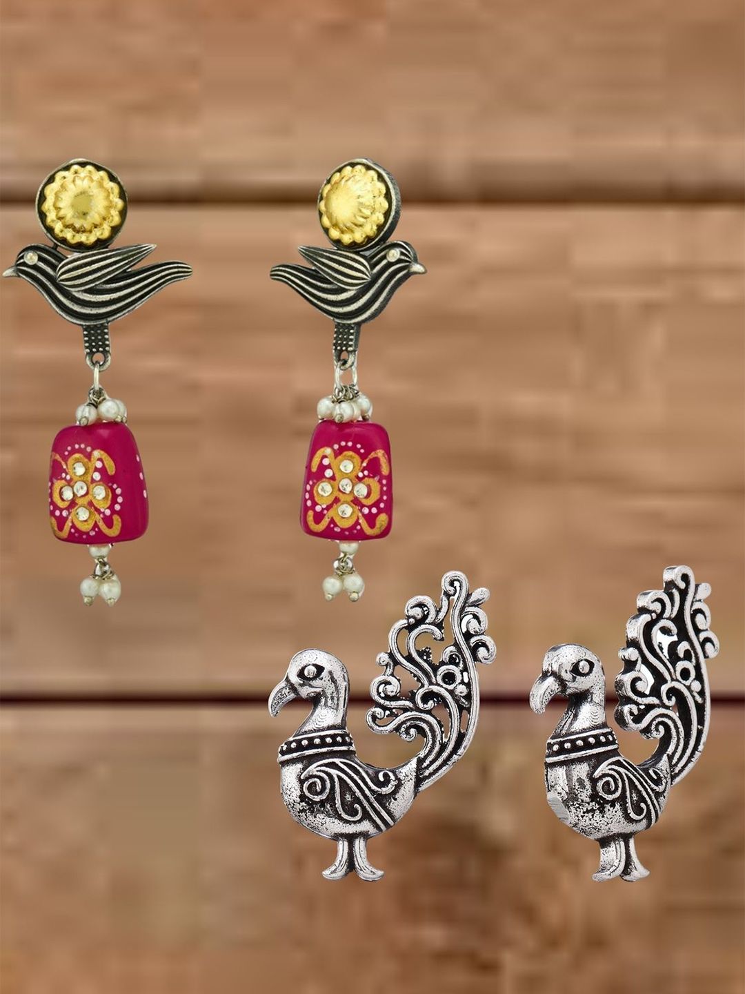 ATIBELLE Set Of  2 German Silver Plated Artificial Stones Studded Peacock Shaped Studs