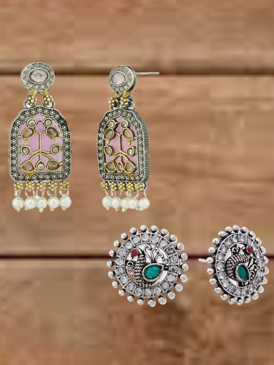 ATIBELLE Set Of  2 German Silver Plated Artificial Stones & Beads Drop Earrings