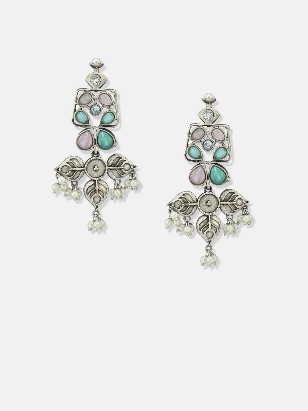 ATIBELLE Set Of 2 German Silver Plated Artificial Stones Studded & Beaded Drop Earrings
