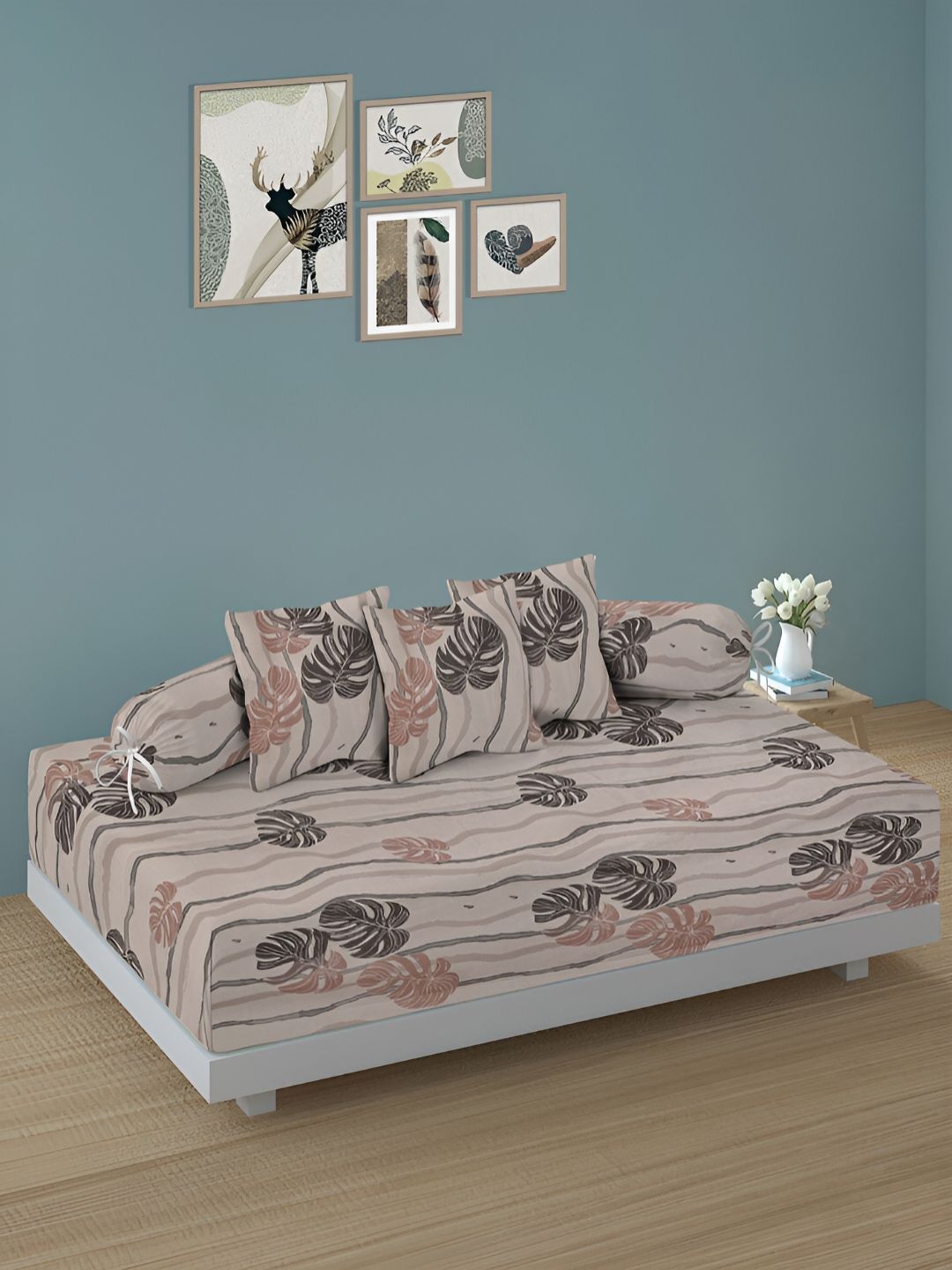 Arrabi 6Pcs Cream-Colored & Grey Leaf-Colored Skin-Friendly Superfine Quality Diwan Set-image-5