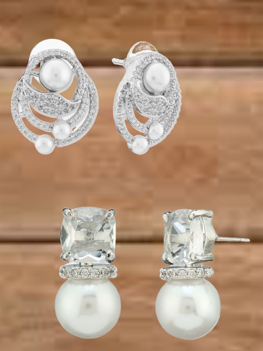 ATIBELLE Silver-Plated Cubic Zirconia Stones Studded Contemporary Studs