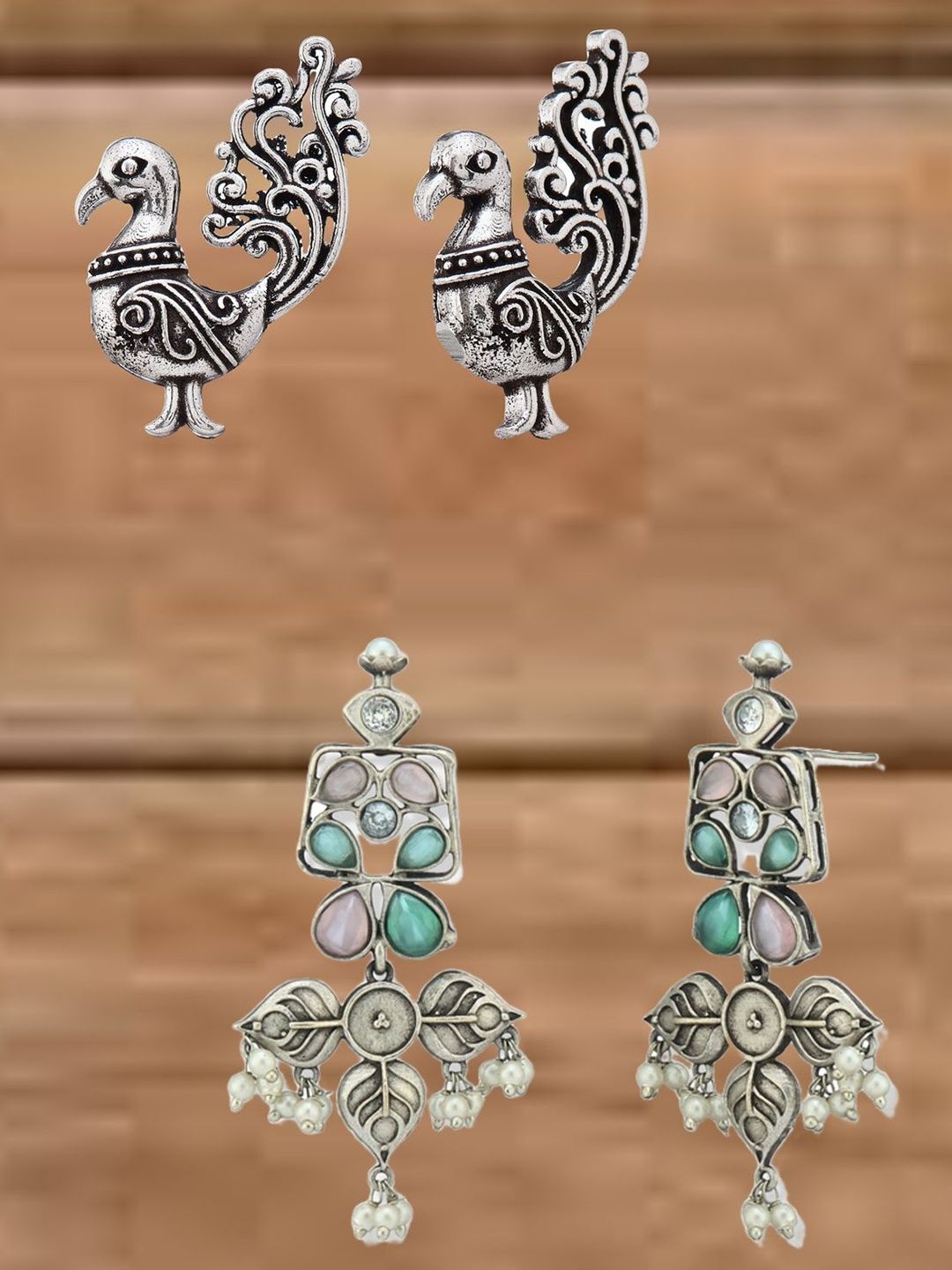 ATIBELLE Set Of 2 German Silver Plated Kundan Stone Studded Oxidised Drop Earrings