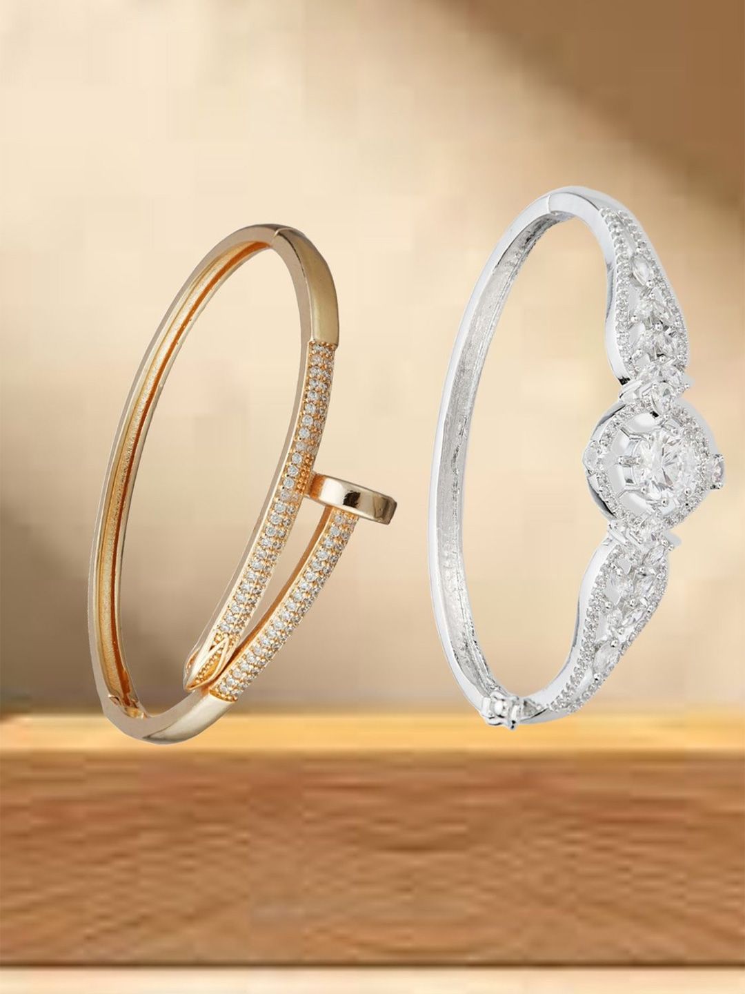 ATIBELLE SeOf 2 Silver-Plated Cubic Zirconia Studded Bangle-Style Bracelet