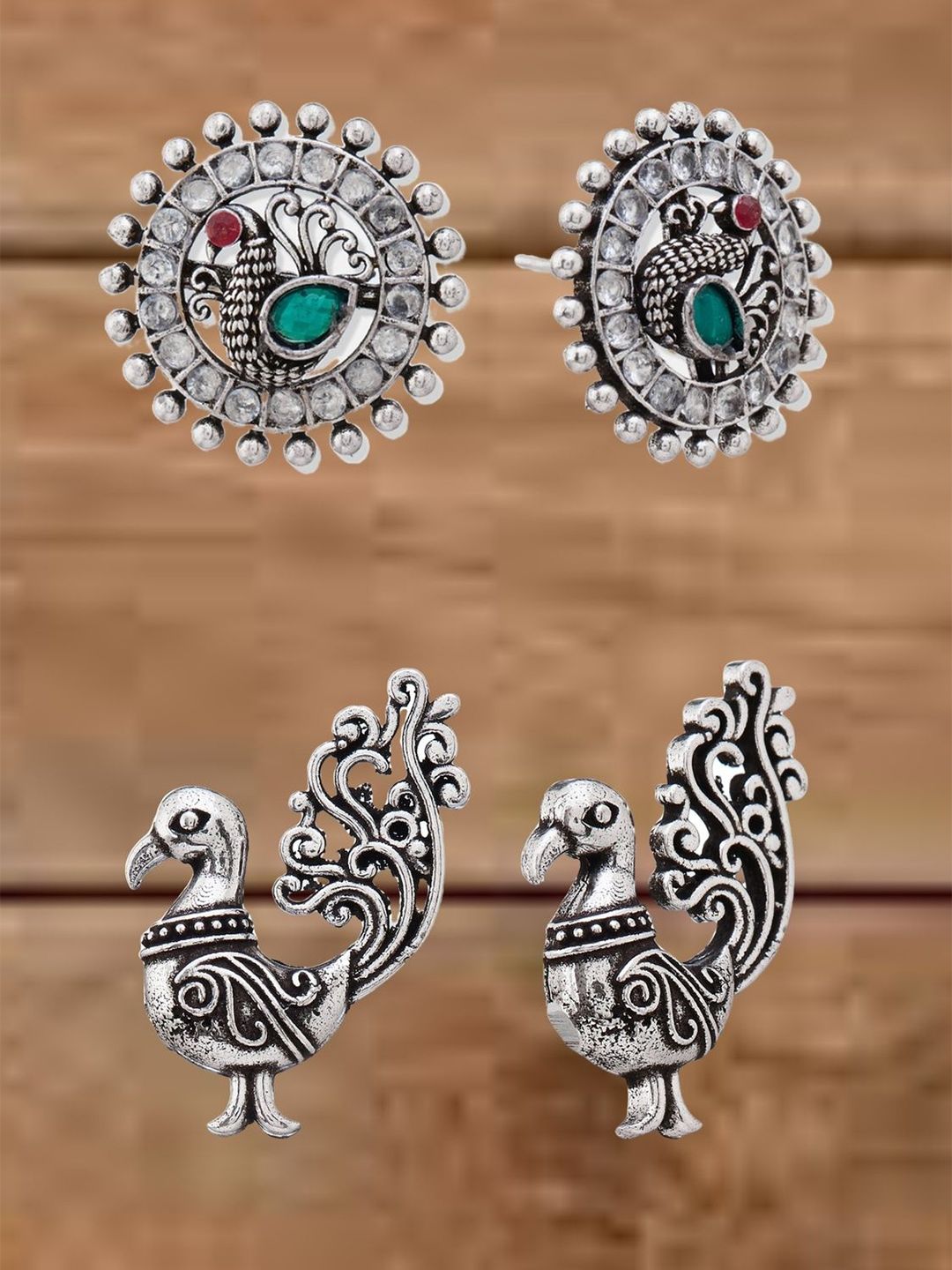 ATIBELLE Set Of  2 German Silver Plated Artificial Stones Studded Peacock Shaped Studs