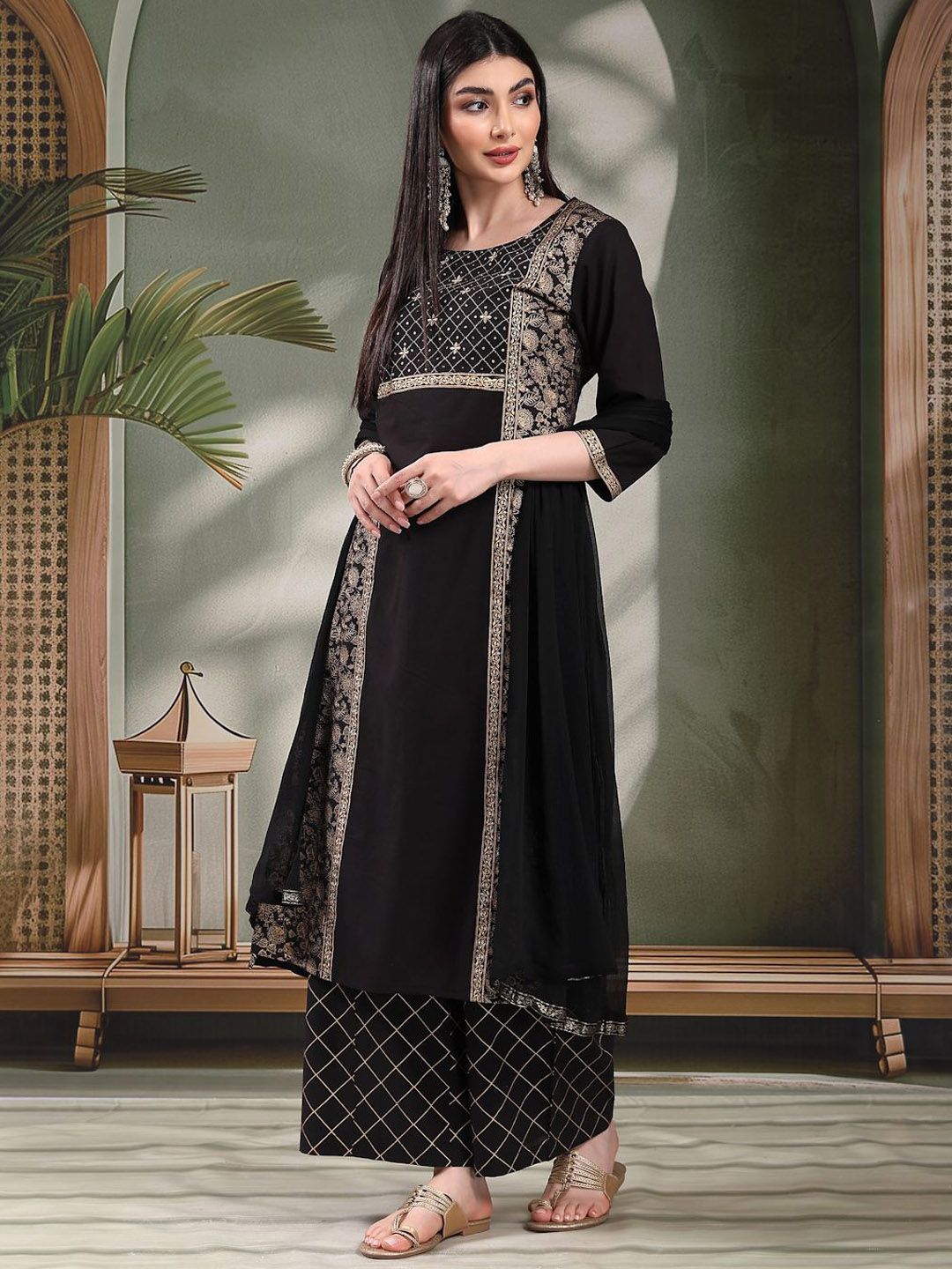 Affordable AROMIE Embroidered Kurta Set with Palazzos and Dupatta main image 1