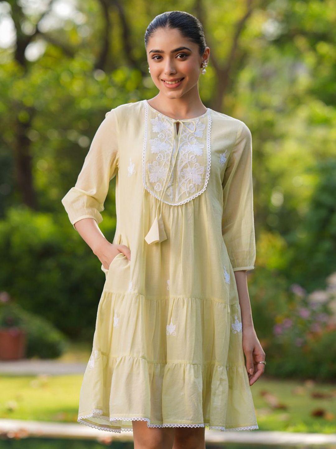 SCAKHI Lime Green Cotton Mulmul Embroidered Tiered Midi Dress-picture-26