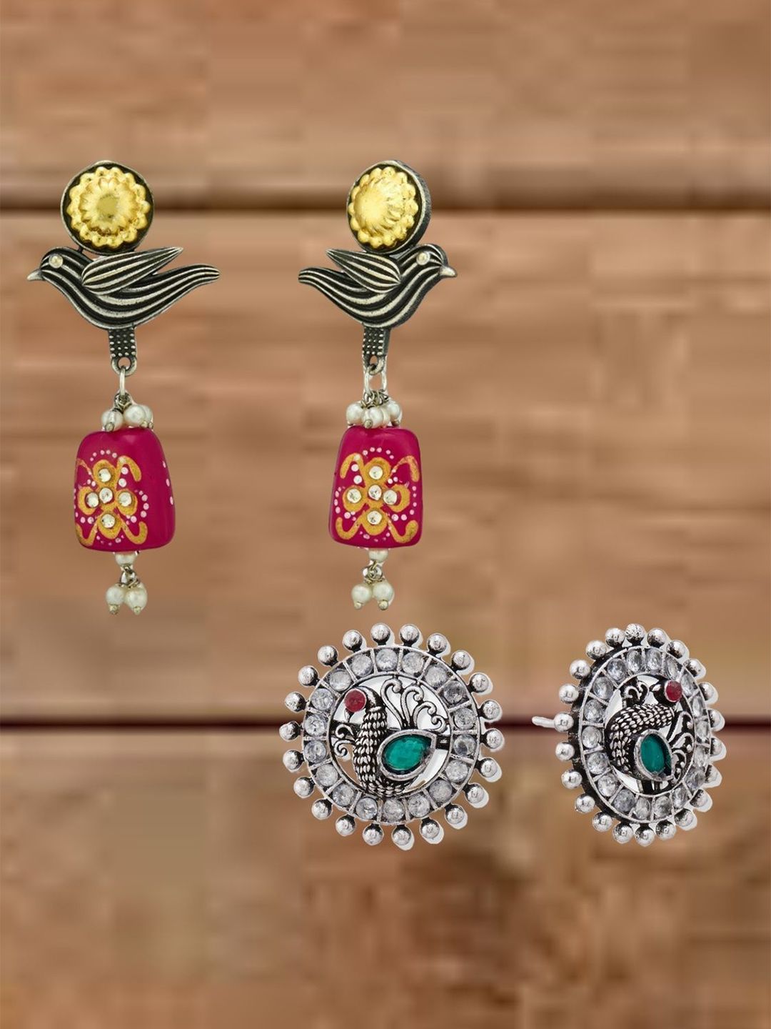 ATIBELLE Set Of 2 German Silver Artificial Stones Studded And Beaded Drop Earrings