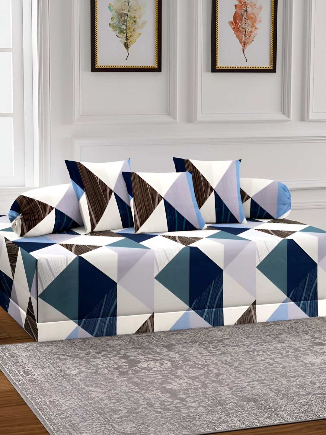 Aura Set Of 6 Brown & Blue Printed Geometric TC Cotton Diwan Set-picture-13