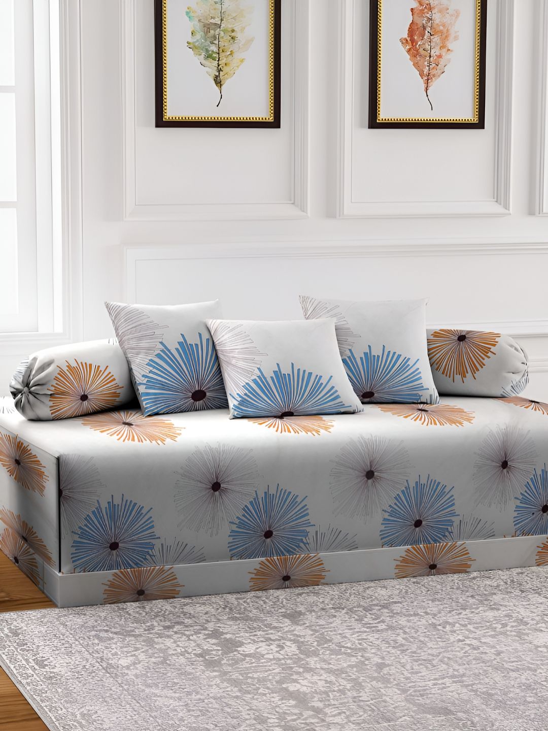 Aura Set of 6 Beige Coloured Floral Printed Diwan Set-image-22