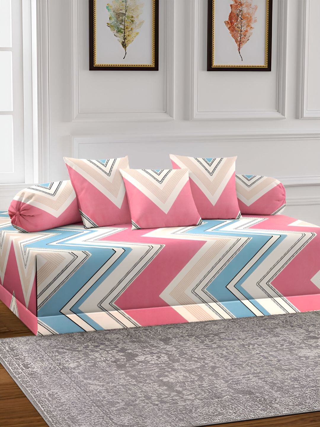 arrabi Aura Set Of 6 Pink & Blue Printed Geometric TC Cotton Diwan Set-picture-17