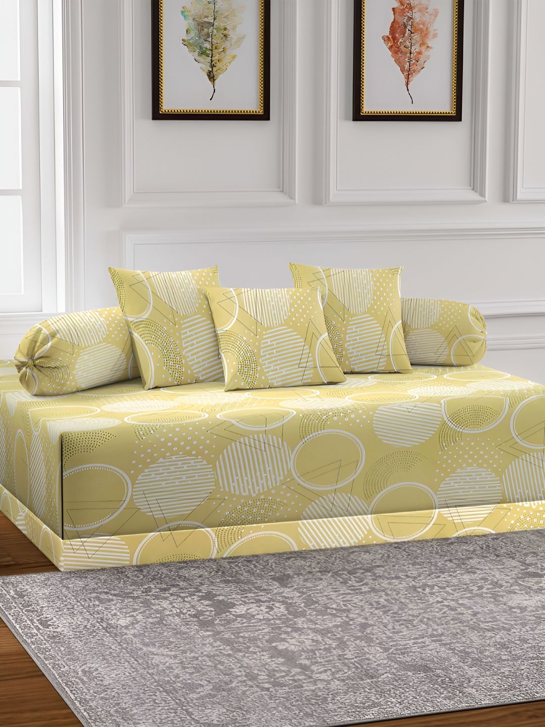 Aura Set Of 6 Mustard & White Printed Geometric TC Cotton Diwan Set-picture-46