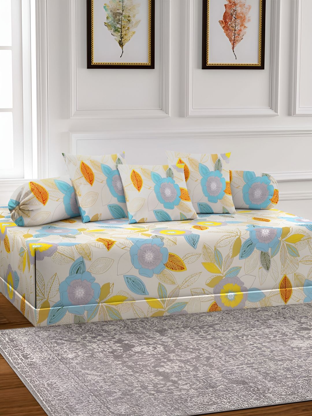 Aura Set of 6 Blue & Brown Floral Printed Diwan Set-picture-28