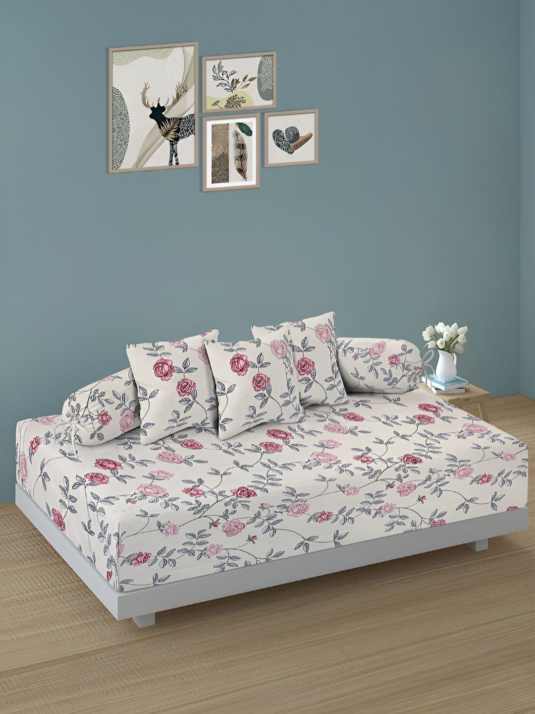 Aura Set Of 6 White & Pink Printed Floral TC Cotton Diwan Set-picture-30