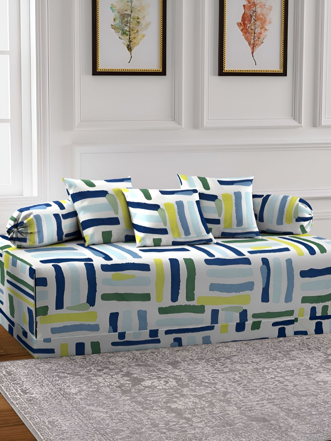 Aura Set Of 6 Blue & Green Printed Abstract TC Cotton Diwan Set-picture-23