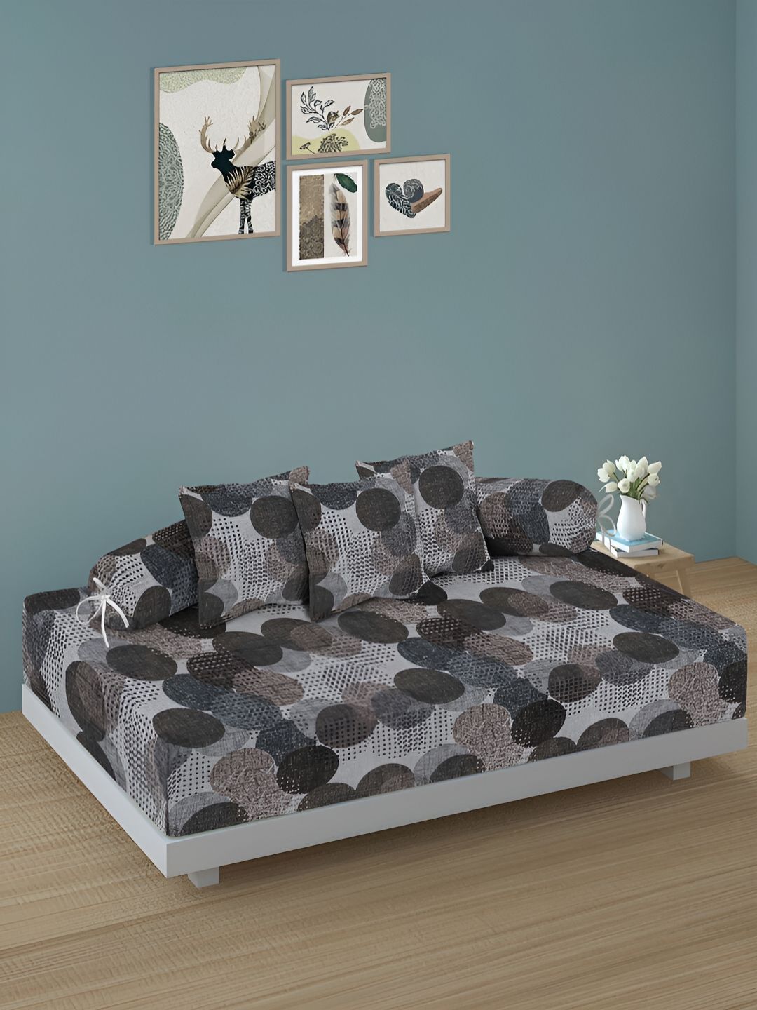 Aura Set Of 6 Brown & Grey Printed Geometric TC Cotton Diwan Set-picture-24