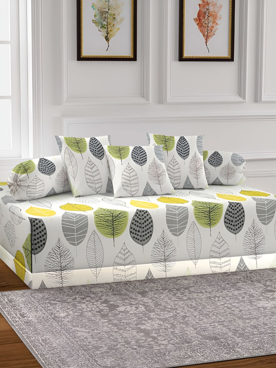 Aura Set Of 6 White & Green Printed Floral TC Cotton Diwan Set-picture-29