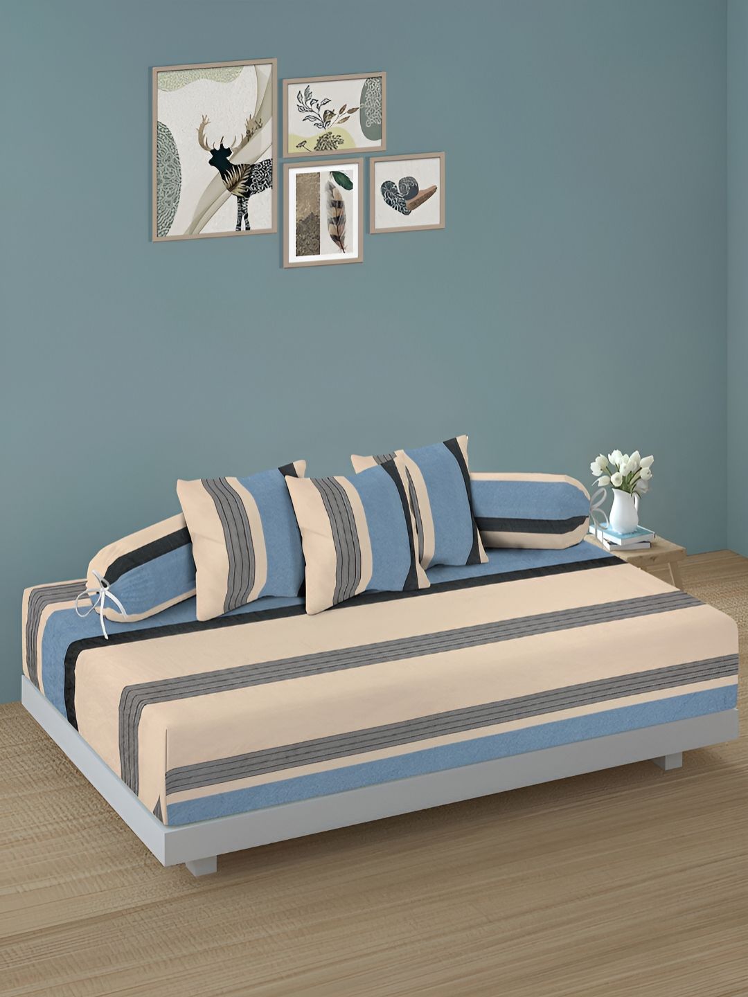 Aura Set of 6 Cream & Blue Stripes Diwan Set-picture-33