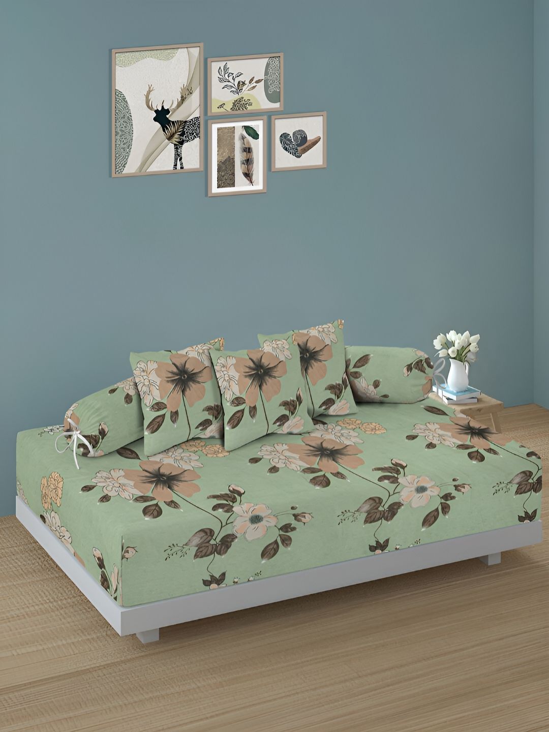 Aura Set Of 6 Green & Brown Printed Floral TC Cotton Diwan Set-picture-31