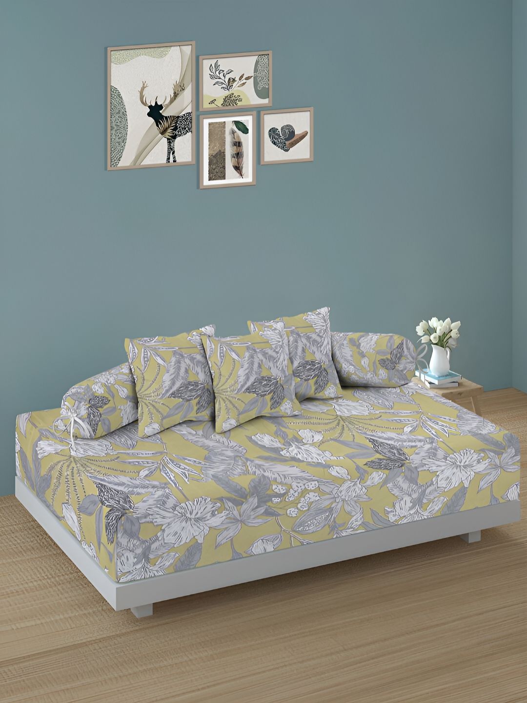 Aura Set Of 6 Olive & Grey Printed Floral TC Cotton Diwan Set-picture-38