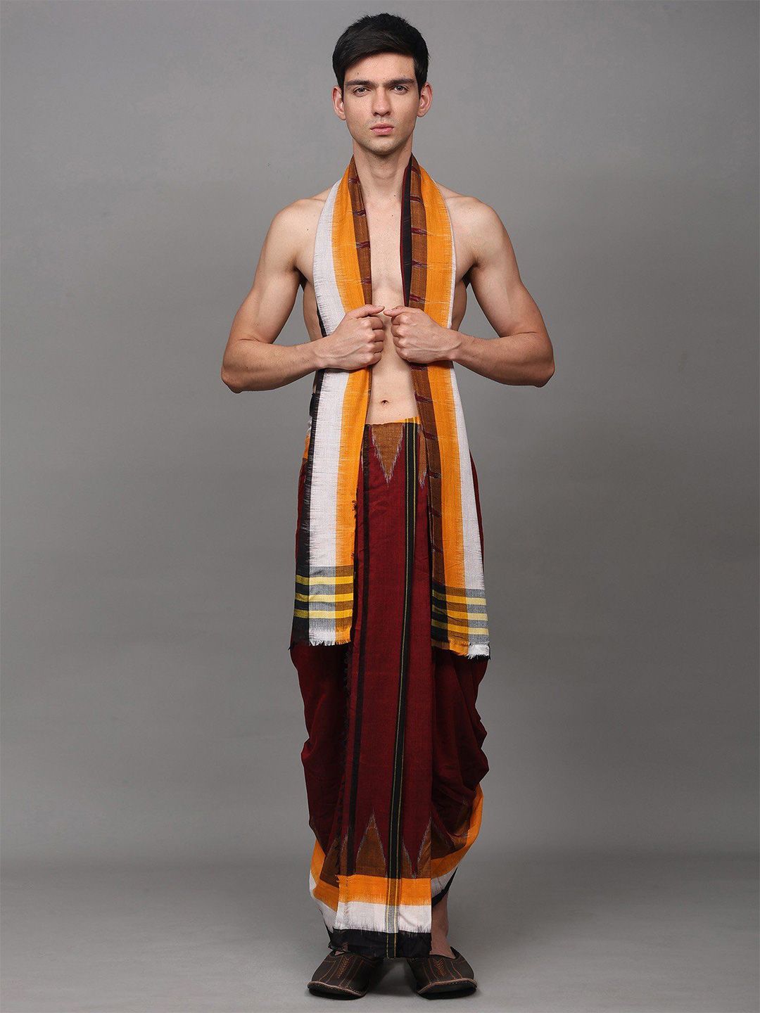 Exotic India Men Red Striped Pure Cotton Dhotis with Angavastram-image-17