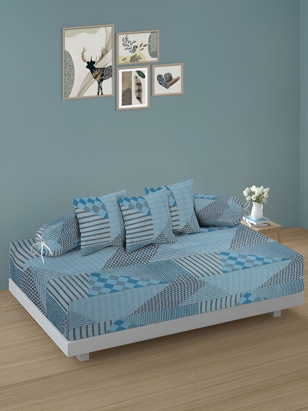 Aura Set Of 6 Grey & Blue Printed Geometric TC Cotton Diwan Set-picture-53