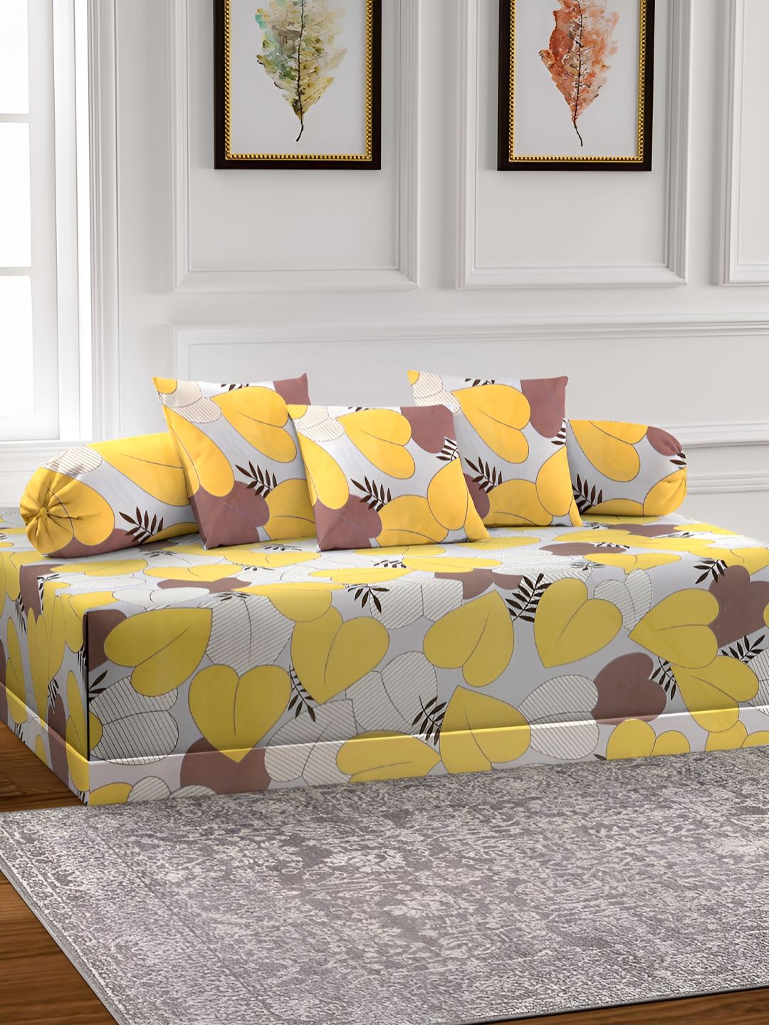 Aura Set Of 6 Yellow & Brown Printed Geometric TC Cotton Diwan Set-picture-32