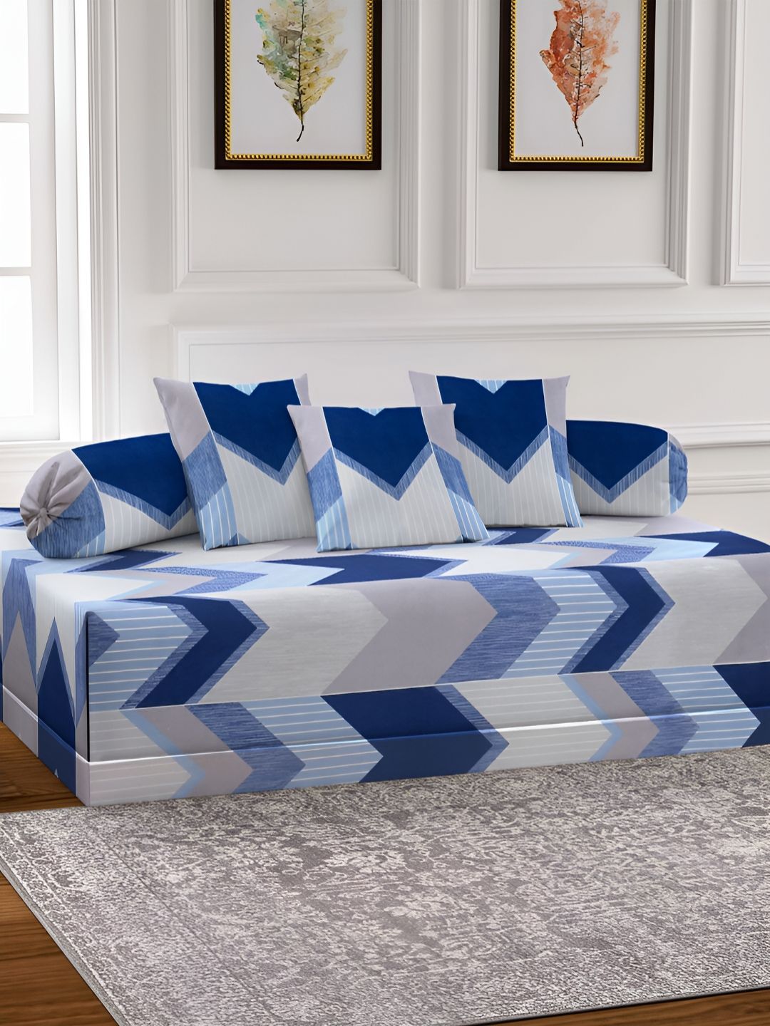Aura Set Of 6 White & Blue Geometric TC Cotton Diwan Set-picture-17
